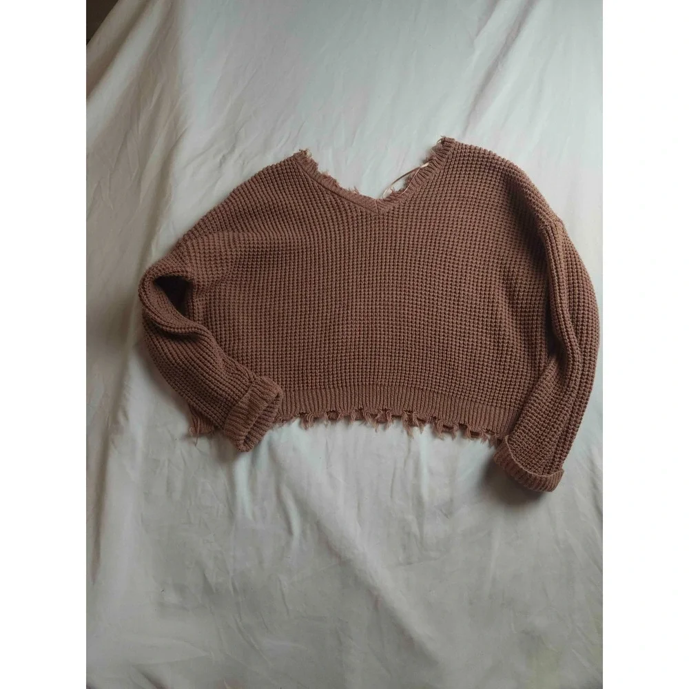Moon & Madison Sweater Womens Medium Brown Knit Crop Pullover Long Sleeve Fringe - Picture 7 of 7